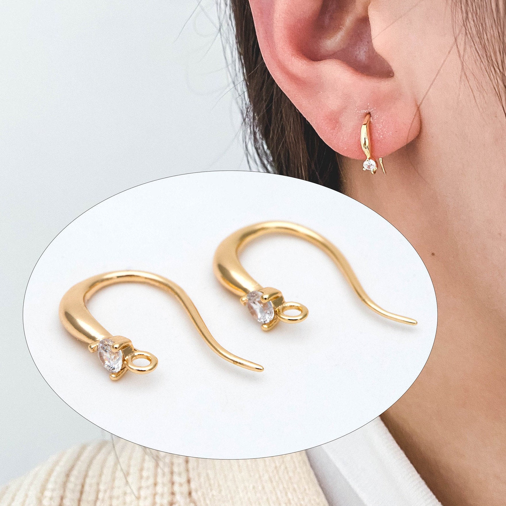 10pcs CZ Pave Gold/ Silver Earring Hooks, 18K Gold/ Rhodium Plated Brass Earwires, Craft Earring Components (GB-2974)